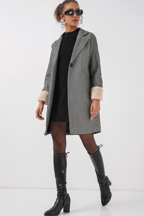 Merterium 9085 Balık Sırtı Kaşe Kaban - C.Siyah