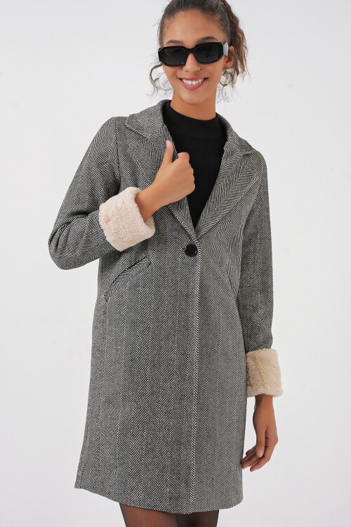 Merterium 9085 Balık Sırtı Kaşe Kaban - C.Siyah