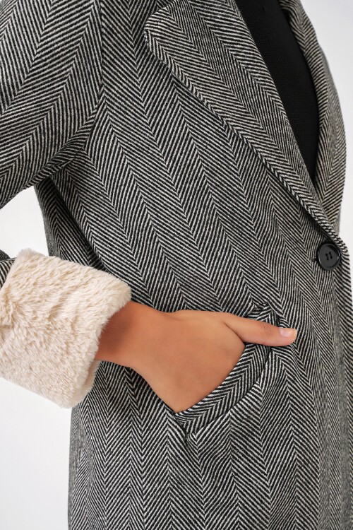 Merterium 9085 Balık Sırtı Kaşe Kaban - C.Siyah