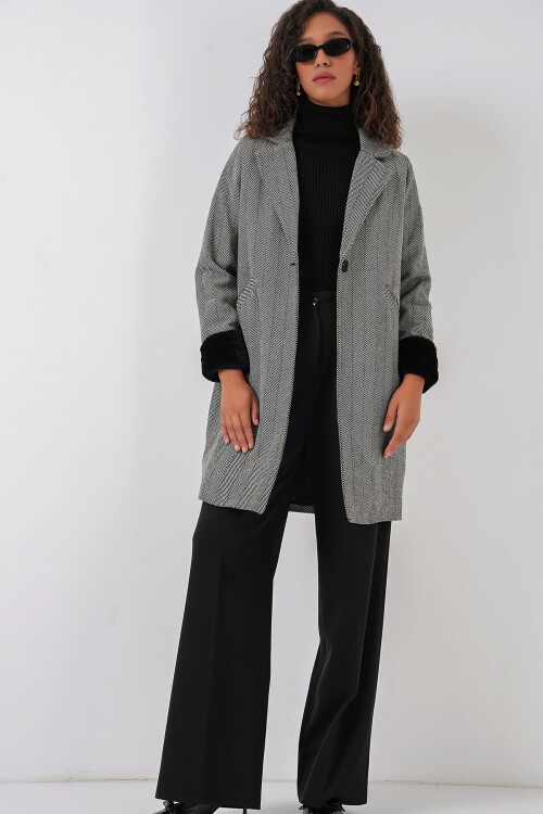 Merterium 9085 Balık Sırtı Kaşe Kaban - D. Siyah