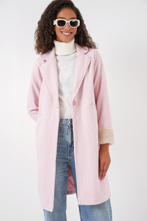 Merterium 9085 Balık Sırtı Kaşe Kaban - Pudra