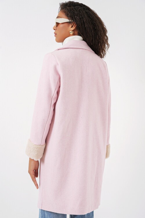 Merterium 9085 Balık Sırtı Kaşe Kaban - Pudra