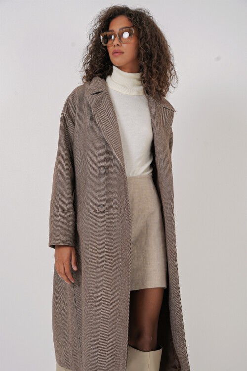 Merterium 9113 Oversize Geniş Kesim Yünlü Uzun Kaşe Kaban - A.Kahve