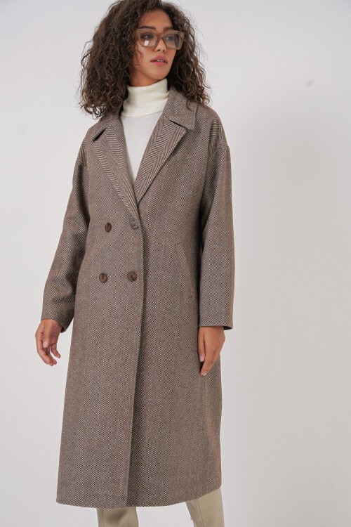 Merterium 9113 Oversize Geniş Kesim Yünlü Uzun Kaşe Kaban - A.Kahve