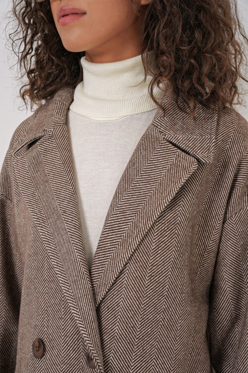 Merterium 9113 Oversize Geniş Kesim Yünlü Uzun Kaşe Kaban - A.Kahve