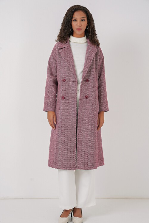 Merterium 9113 Oversize Geniş Kesim Yünlü Uzun Kaşe Kaban - Bordo