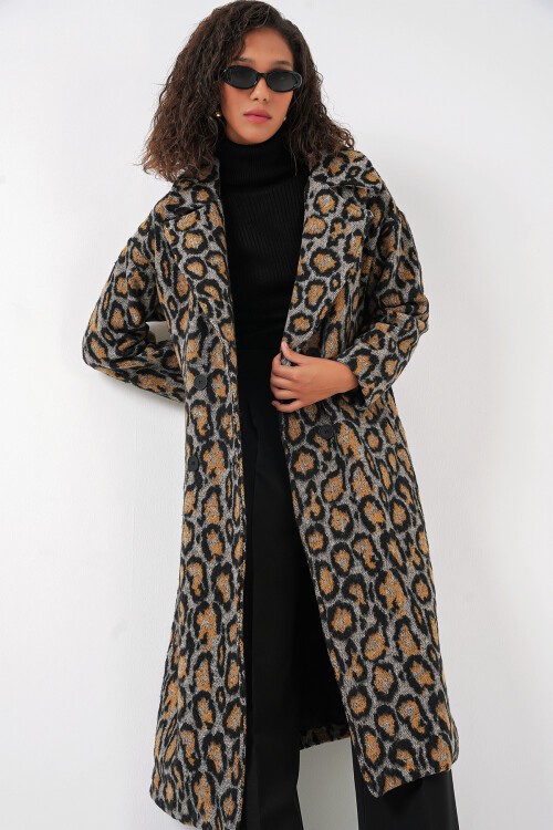 Merterium 9113 Oversize Geniş Kesim Yünlü Uzun Kaşe Kaban - C. Kahverengi