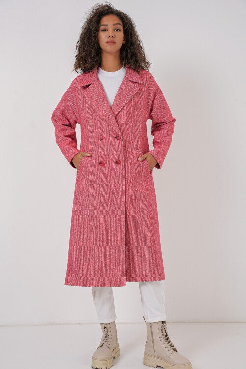 Merterium 9113 Oversize Geniş Kesim Yünlü Uzun Kaşe Kaban - Kırmızı