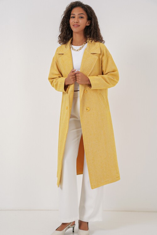 Merterium 9113 Oversize Geniş Kesim Yünlü Uzun Kaşe Kaban - Sarı