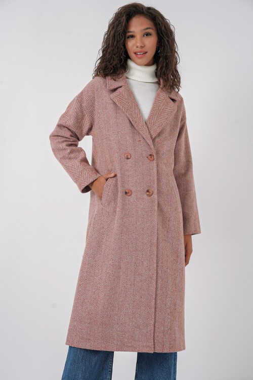 Merterium 9113 Oversize Geniş Kesim Yünlü Uzun Kaşe Kaban - Somon