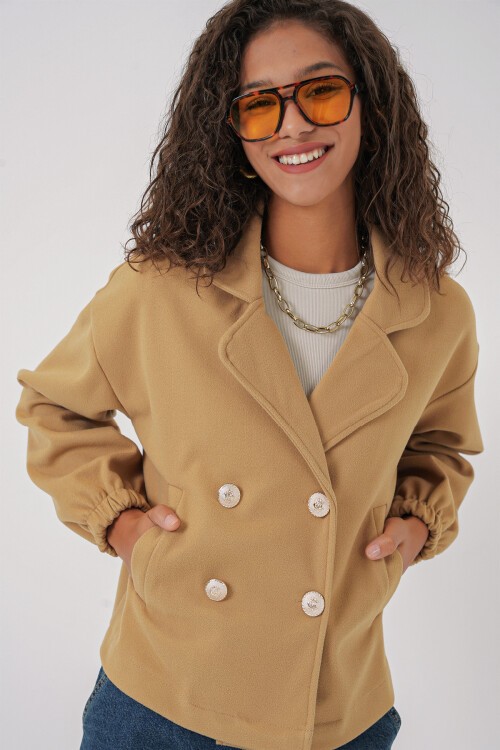 Merterium 9117 Kruvaze Yaka Crop Ceket - Hardal