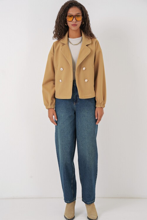 Merterium 9117 Kruvaze Yaka Crop Ceket - Hardal