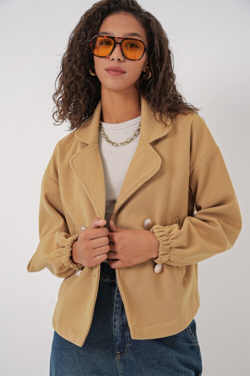 Merterium 9117 Kruvaze Yaka Crop Ceket - Hardal