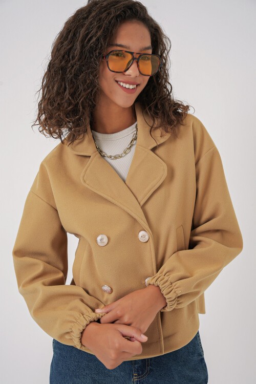 Merterium 9117 Kruvaze Yaka Crop Ceket - Hardal