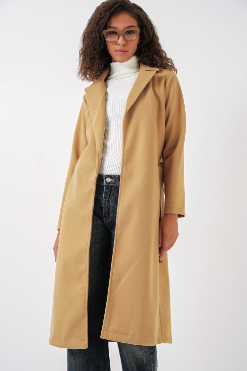 Merterium 9118 Kruvaze Yaka Kaşe Kaban - Hardal