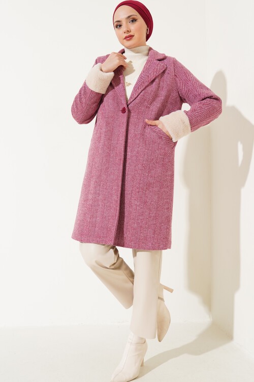 Merterium 9145 Kadın Kolları Tüylü Balık Sırtı Kaşe Kaban - Bordo