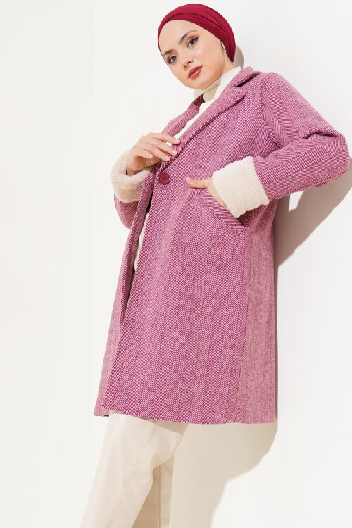 Merterium 9145 Kadın Kolları Tüylü Balık Sırtı Kaşe Kaban - Bordo