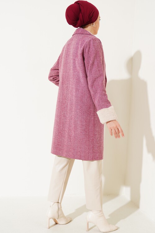 Merterium 9145 Kadın Kolları Tüylü Balık Sırtı Kaşe Kaban - Bordo