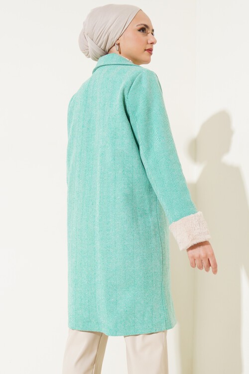 Merterium 9145 Kadın Kolları Tüylü Balık Sırtı Kaşe Kaban - Yeşil