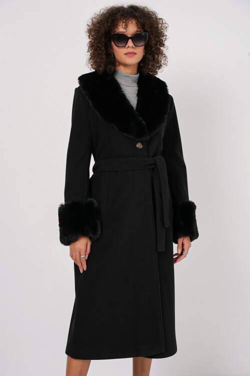 Merterium 9149 Kürk Detay Uzun Kaban - Siyah