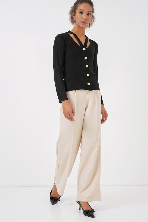 Merterium 924 Düğmeli Basic Triko Hırka - Siyah