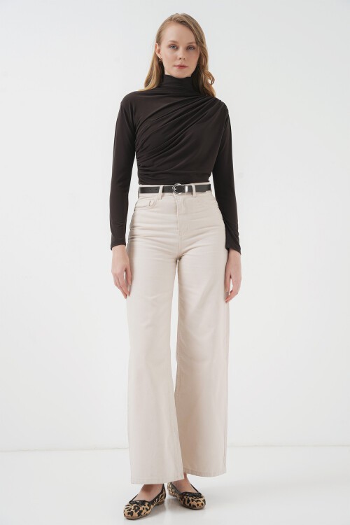 Merterium 925 Büzgü Detaylı Sandy Bluz - Kahverengi