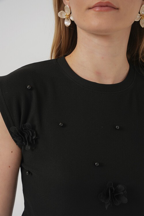 Merterium 929 Kısa Kol Örme Bluz - Siyah