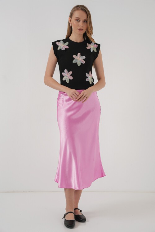 Merterium 930 Kısa Kol Desenli Crop Bluz - Siyah