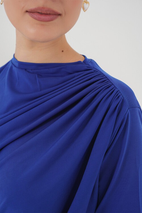 Merterium Büzgü Detaylı Kısa Kol Sandy Bluz 945 - Saks