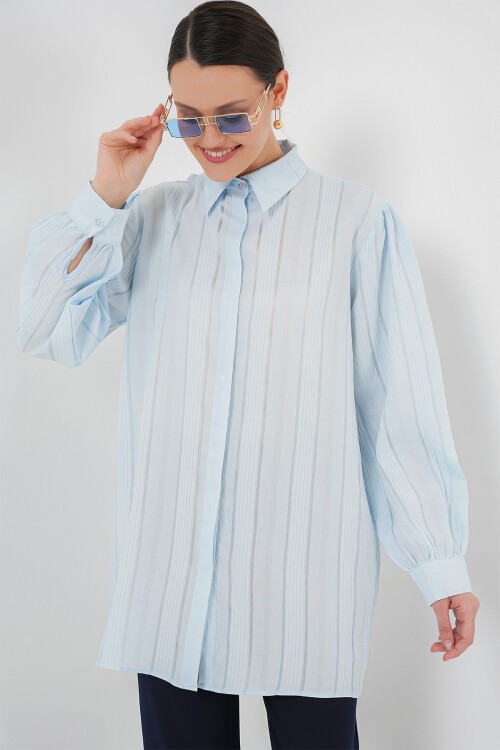 Merterium Çizgili Uzun Gömlek Tunik 5947 - Mavi