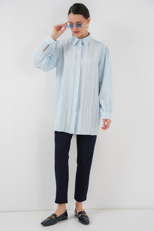 Merterium Çizgili Uzun Gömlek Tunik 5947 - Mavi
