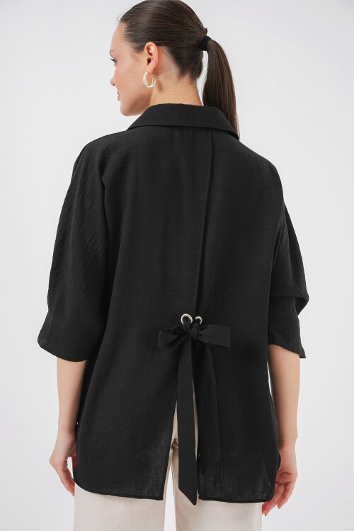 Merterium Kadın Bağlama Detaylı Ayrobin Gömlek 20290 - Siyah