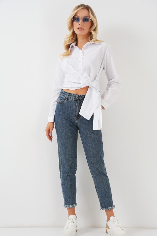 Merterium Kadın Bağlamalı Uzun Kol Gömlek 20325 - Beyaz