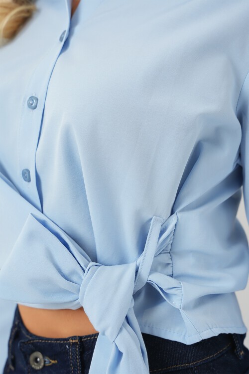 Merterium Kadın Bağlamalı Uzun Kol Gömlek 20325 - Mavi