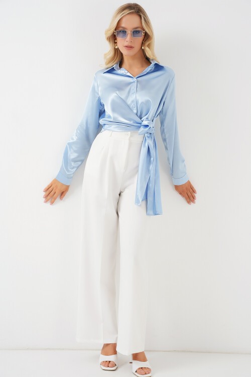 Merterium Kadın Bağlamalı Uzun Kol Saten Gömlek 20287 - Mavi