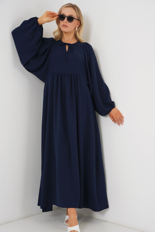 Merterium Kadın Balon Kol Uzun Tesettür Elbise 2464 - Lacivert