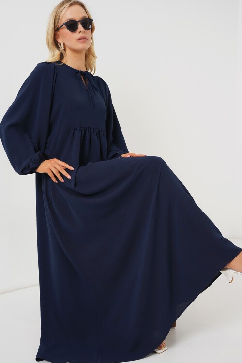 Merterium Kadın Balon Kol Uzun Tesettür Elbise 2464 - Lacivert