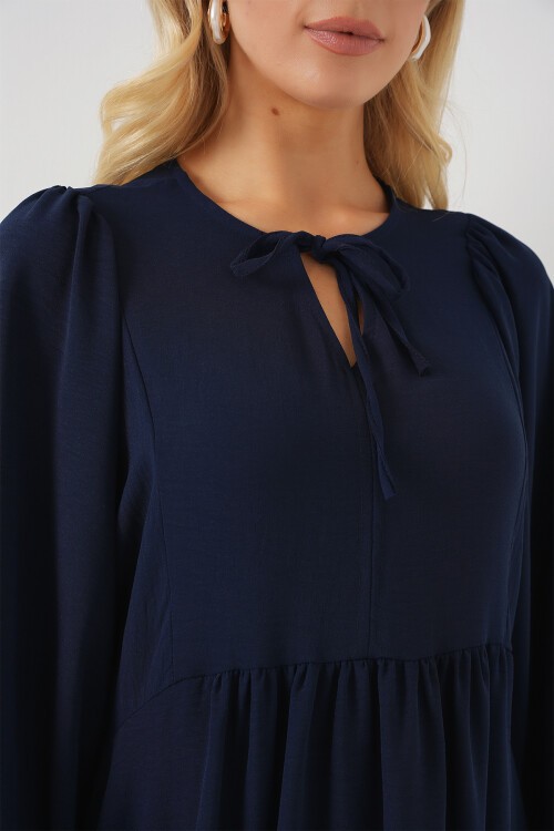 Merterium Kadın Balon Kol Uzun Tesettür Elbise 2464 - Lacivert