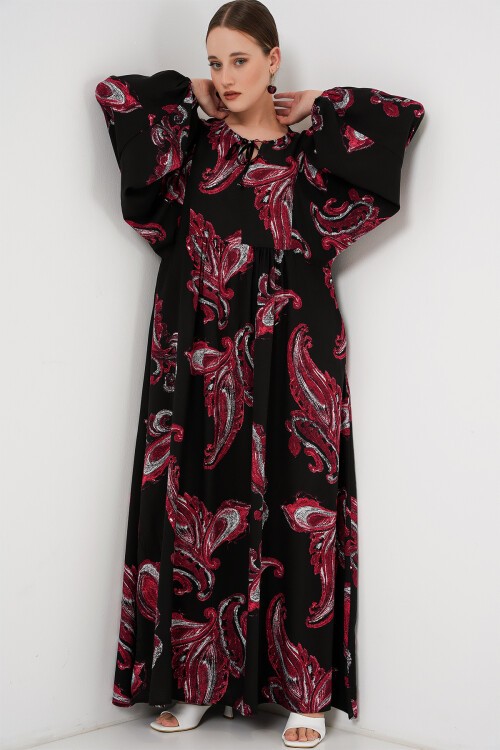 Merterium Kadın Balon Kol Uzun Tesettür Elbise 2464 - Y.Kırmızı