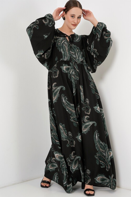 Merterium Kadın Balon Kol Uzun Tesettür Elbise 2464 - Y.Yeşil