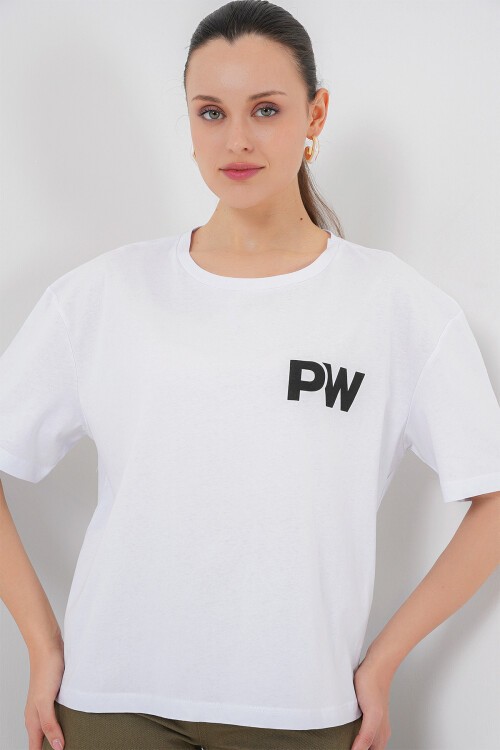 Merterium Kadın Baskılı Basic Tişört 4343 - Beyaz