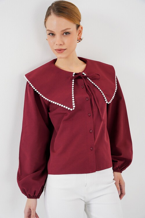 Merterium Kadın Bebe Yaka Gömlek 20314 - Bordo