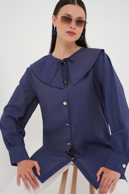 Merterium Kadın Bebe Yaka Uzun Tunik 5967 - İndigo