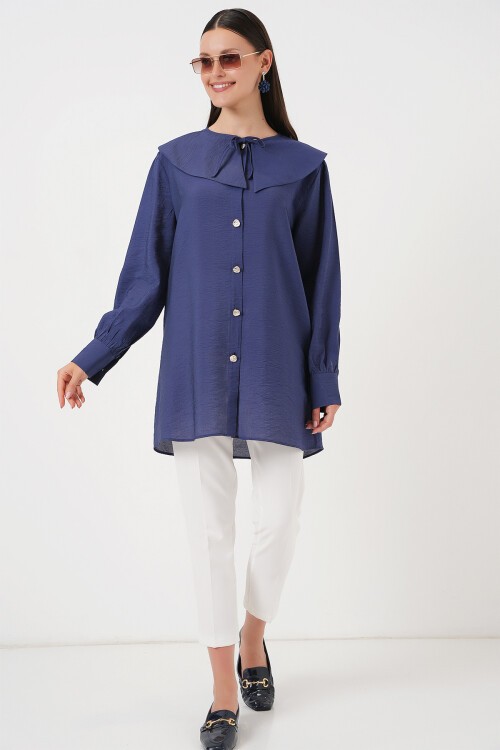 Merterium Kadın Bebe Yaka Uzun Tunik 5967 - İndigo