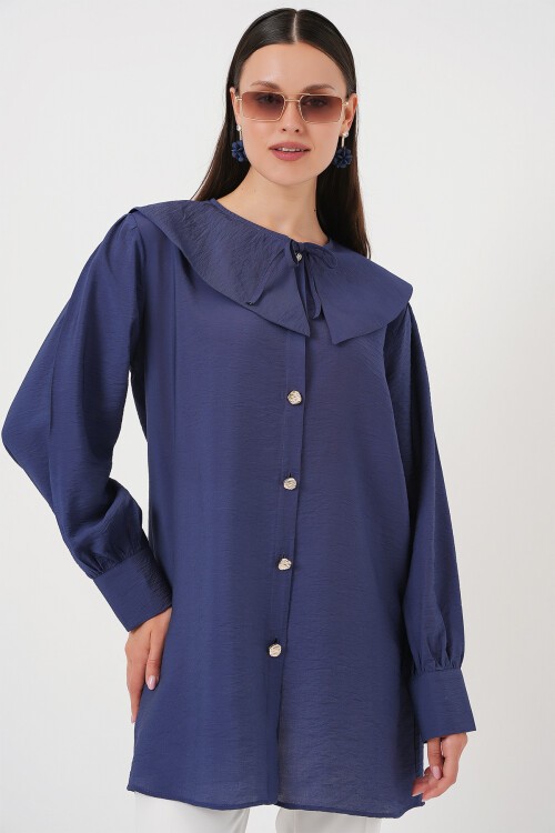 Merterium Kadın Bebe Yaka Uzun Tunik 5967 - İndigo