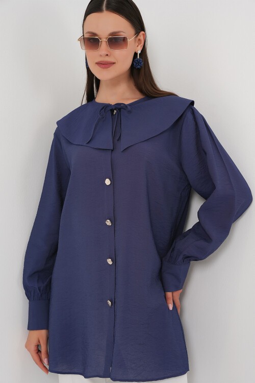 Merterium Kadın Bebe Yaka Uzun Tunik 5967 - İndigo