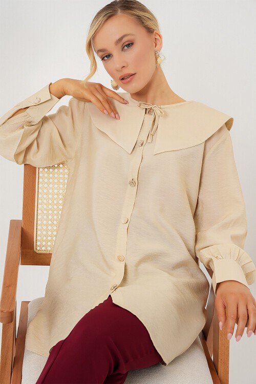 Merterium Kadın Bebe Yaka Uzun Tunik 5967 - Krem