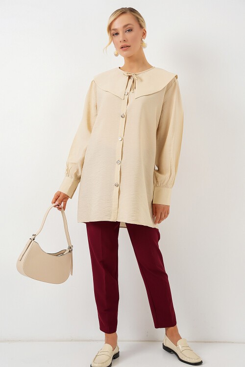 Merterium Kadın Bebe Yaka Uzun Tunik 5967 - Krem
