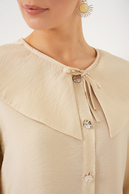 Merterium Kadın Bebe Yaka Uzun Tunik 5967 - Krem