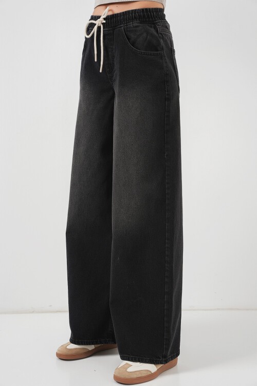 Merterium Kadın Bol Paça Kot Pantolon 6705 - Siyah